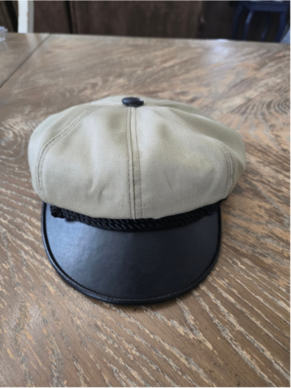 New York Hat Co Cotton Brando Cap XL Khaki Black Leather Brim Made USA Vintage